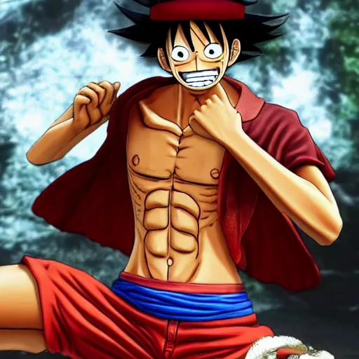 Image similar to ultra realistic monkey d luffy from one piece using gear 5