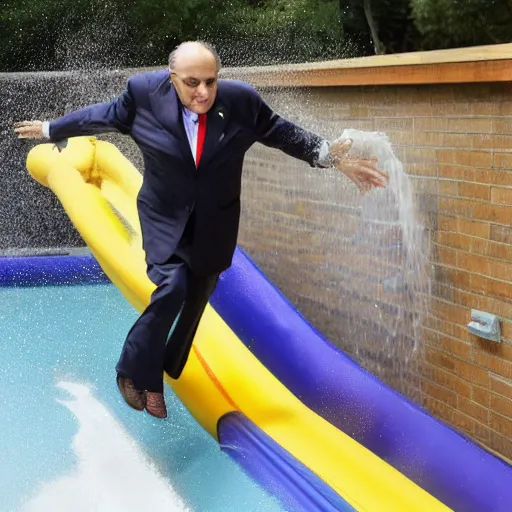 Prompt: rudy giuliani sliding down a waterslide