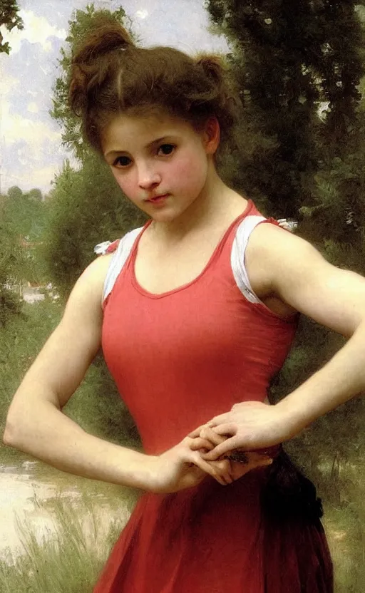 Prompt: portrait of athletic girl, red and white dress, hd, realistic, bouguereau