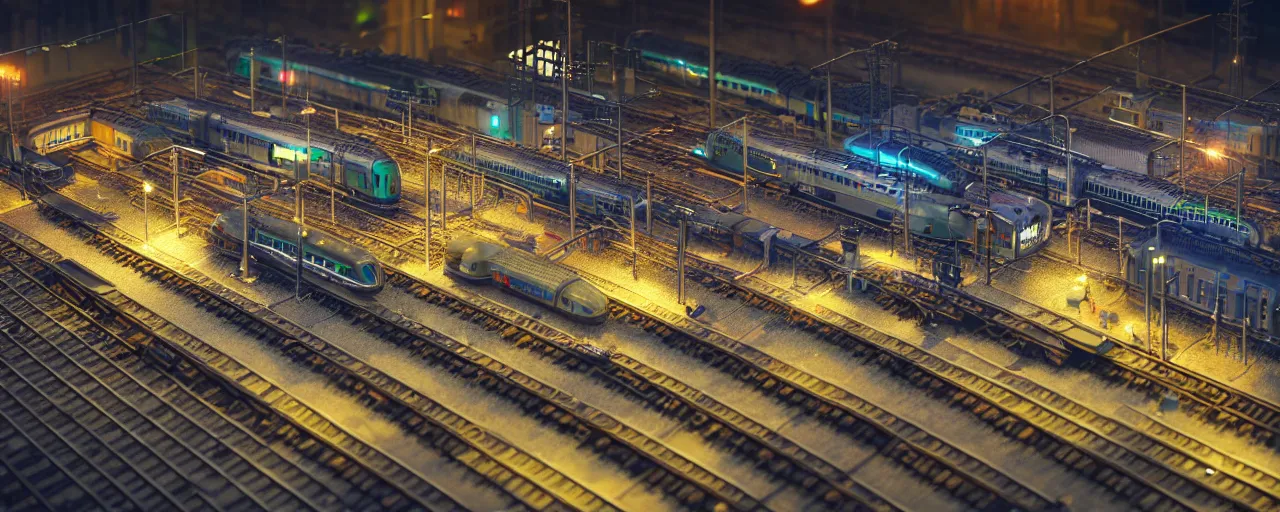 Image similar to mega detailed miniature voxel diorama of huge railway station by night, futuristic architecture, tilt shift, volumetric lighting, several trains on rails, near future 2 0 3 0