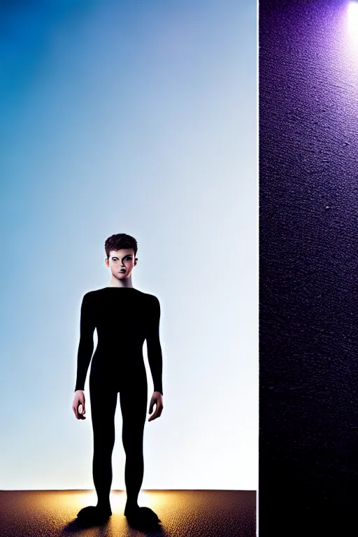 Image similar to un ultra high definition studio quality photographic art portrait of a young man standing on the rooftop of a british apartment building wearing soft padded silver pearlescent clothing. three point light. extremely detailed. golden ratio, ray tracing, volumetric light, shallow depth of field. set dressed.