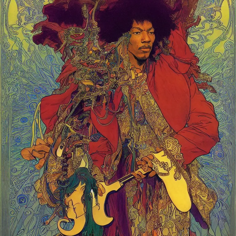 Prompt: colorfull artwork by Franklin Booth and Alphonse Mucha and Moebius showing a portrait of Jimi Hendrix as a futuristic space shaman