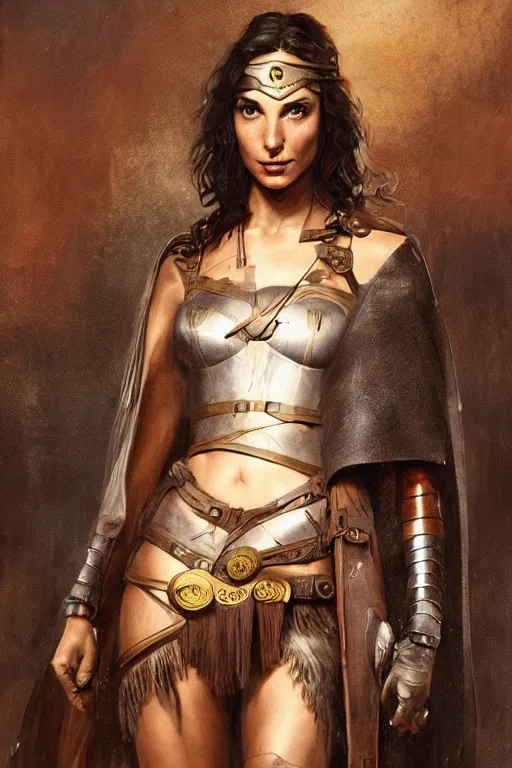 Prompt: highly detailed steampunk gal gadot standing, cape, sword : leonardo da vinci, greg rutkowski, magali villeneuve