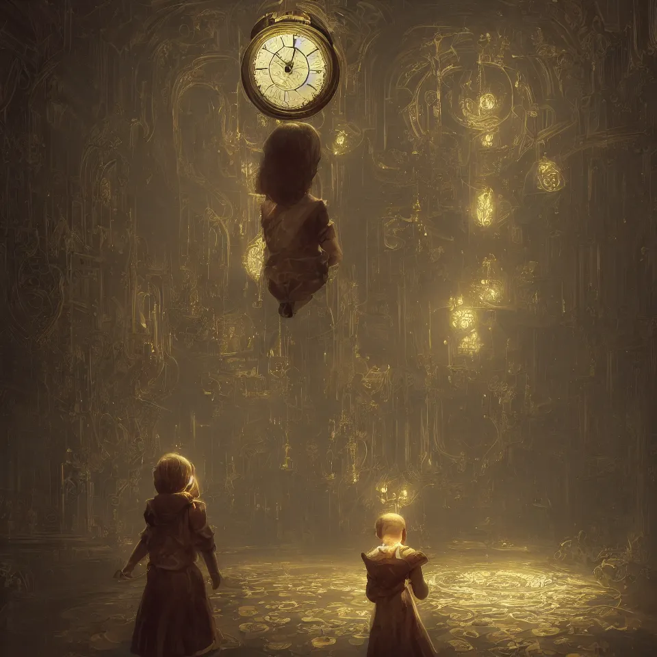 Prompt: a child surrounded by mirror and evil clock, intricate, elegant, glowing lights, highly detailed, digital painting, artstation, concept art, smooth, sharp focus, illustration, greg rutkowski, 8 k, very high resolution, processing, extremely hyperdetailed