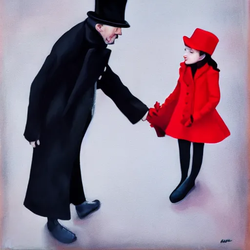 Image similar to A thin man in a black coat and bowler hat talks with small young girl dressed in a red coat and a red hat, park, autumn, Berlin, oil painting style, wide angle, high detail, width 768