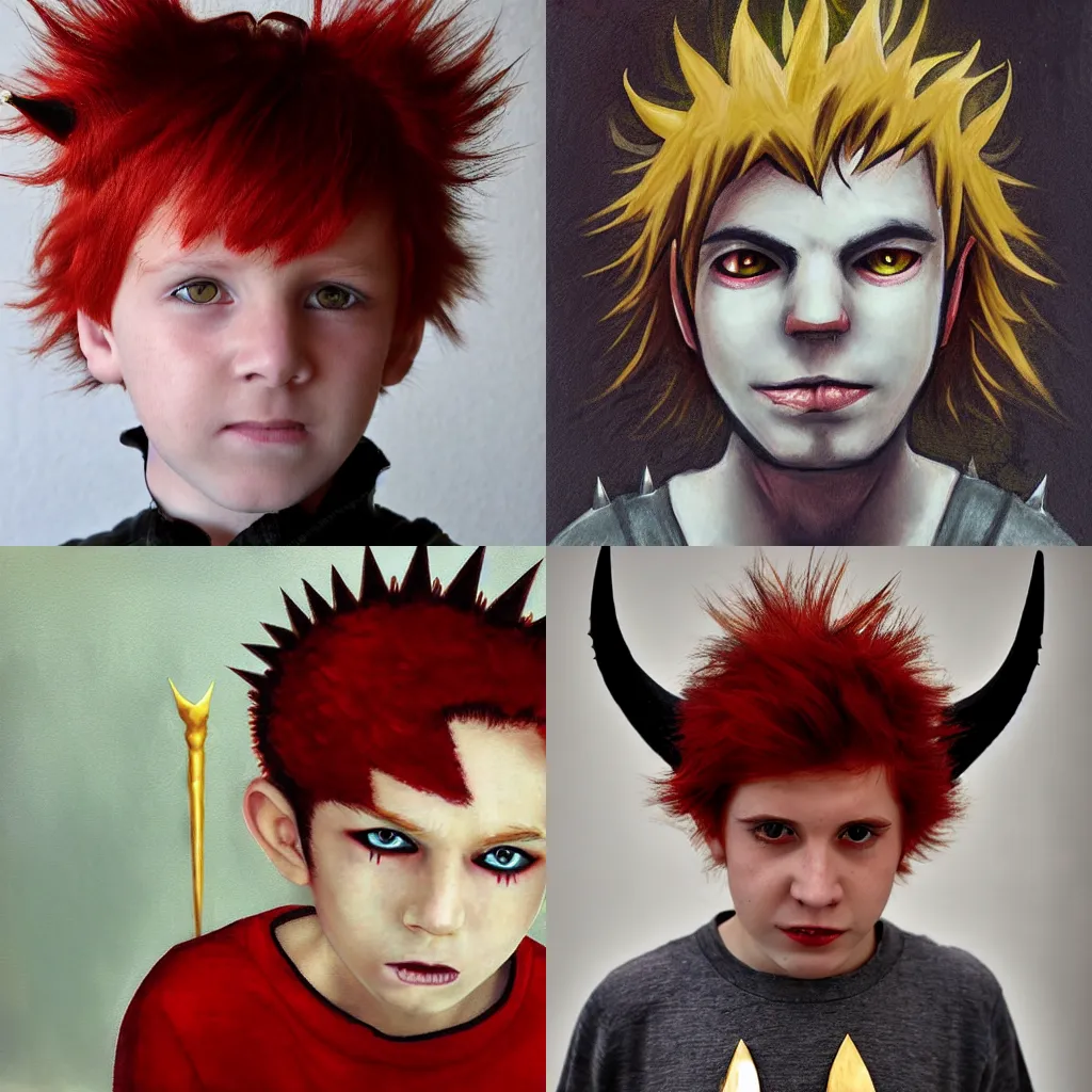 Prompt: a red haired boy with golden eyes and demon horns and a spiked tail. By Atey Ghalian