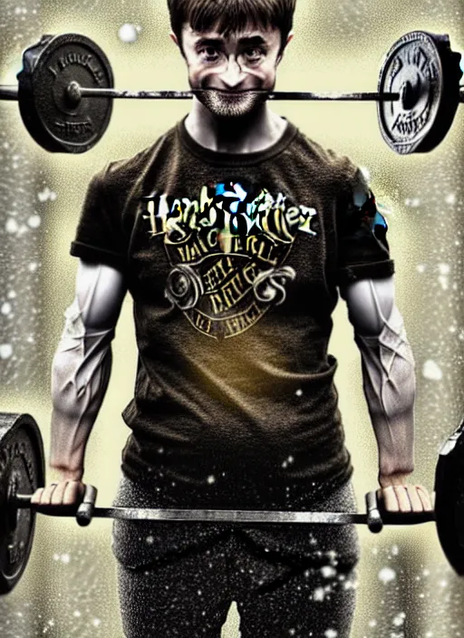 Image similar to a highly detailed portrait of Daniel Radcliffe as Harry Potter doing barbell back squats, wearing a muscle tee shirt, intricate detail, digital painting, old english, raining, sepia, particles floating, whimsical background by marc simonetti, artwork by ross tran + ramond swanland + liam wong