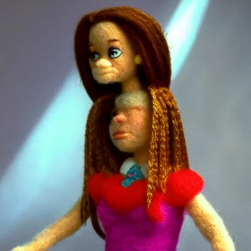 Image similar to needle felted alicia silverstone as cher from the movie clueless (1995), highly detailed, tilt shift, eerie, hyperrealism, highly textured, god rays