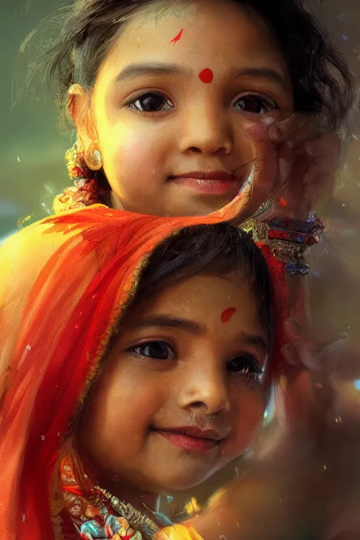 Image similar to hindu little girl, joyful, close - up portrait, intricate, elegant, volumetric lighting, scenery, digital painting, highly detailed, artstation, sharp focus, illustration, concept art, ruan jia, steve mccurry