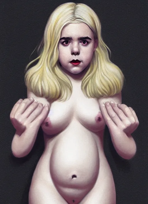 Image similar to full body portrait, kiernan shipka as sabrina spellman, white hair, obese, bangs, sultry, realistic, sultry smirk, fluffy bangs, freckles, fat, belly, intricate, elegant, highly detailed, digital painting, artstation, concept art, smooth, sharp focus, illustration, art by wlop, mars ravelo and greg rutkowski