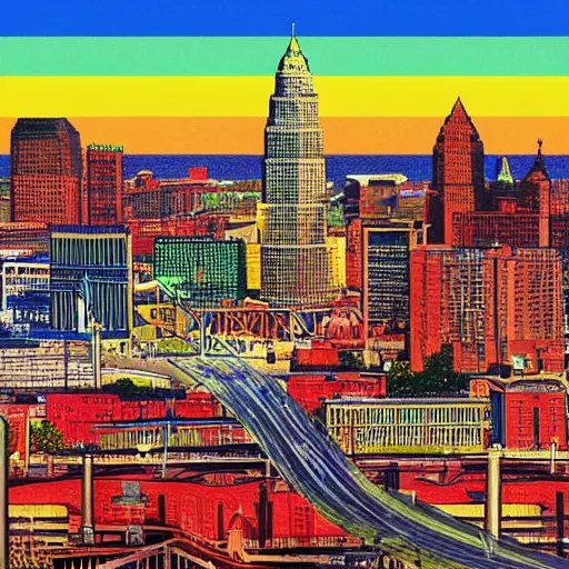 Prompt: landscape of cleveland skyline by Shepard Fairey, concept art, photo realistic, high resolution, contrast, colorful, rainbow