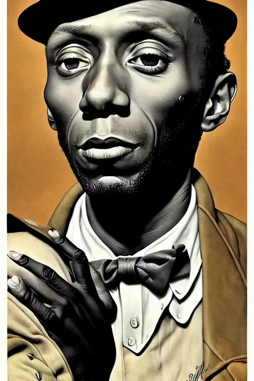 Image similar to mos def portrait by gil elvgren and norman rockwell and rob gonsalves and hajime sorayama, hyperrealistic, high detail, ultra detailed, highly detailed face, ruffled fabric