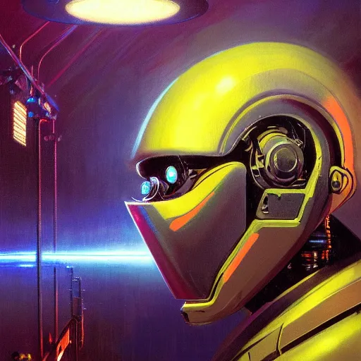 Image similar to a dark and colorful close - up side profile portrait of a sci - fi mecha robot with led lights glowing fog in the background. highly detailed science fiction painting by norman rockwell, frank frazetta, and syd mead. rich colors, high contrast, gloomy atmosphere, dark background. trending on artstation