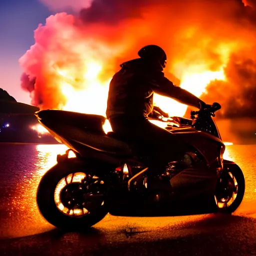 Prompt: Photo of someone driving along the rhine on a motorcycle, everything is in flames, Dramatic lighting