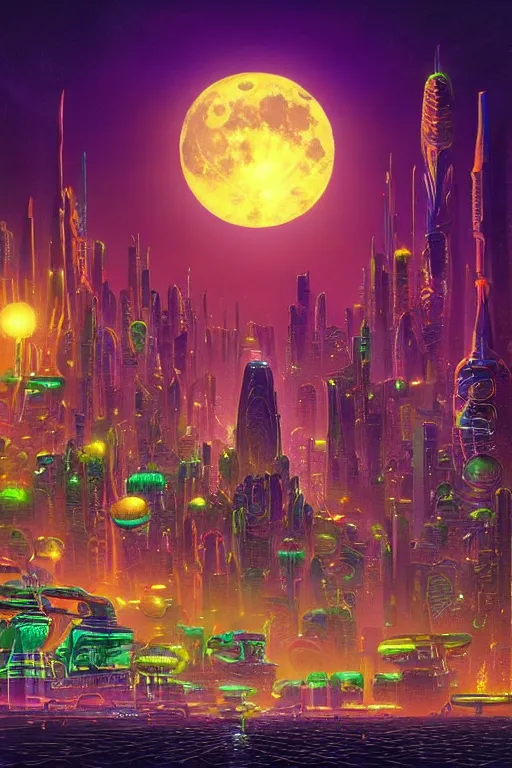 Image similar to full moon over futuristic city of light synthwave bright neon colors highly details cinematic vladimir kush, philippe dru, roger deal, michael whelan,