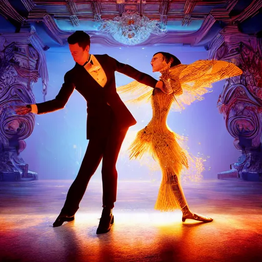 Prompt: Two ballroom dancers dissolving into an explosion of particles, half body shot, waist up, oil spill, neon blue color scheme and lighting, 3d octane render, insanely detailed and intricate, super detailed, fluid sim, golden ratio, ornate, luxury, elite, mark ryden, realistic 3D, hyper realistic