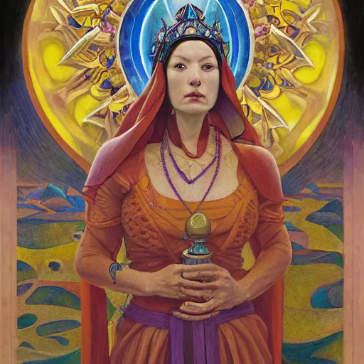 Image similar to queen of the moon with her lantern and regalia, by donato giancola and nicholas roerich, and diego rivera, and leo and diane dillon, symbolist, tattoos, dramatic lighting, elaborate geometric ornament, art brut, god rays, soft cool colors, smooth, sharp focus, extremely detailed