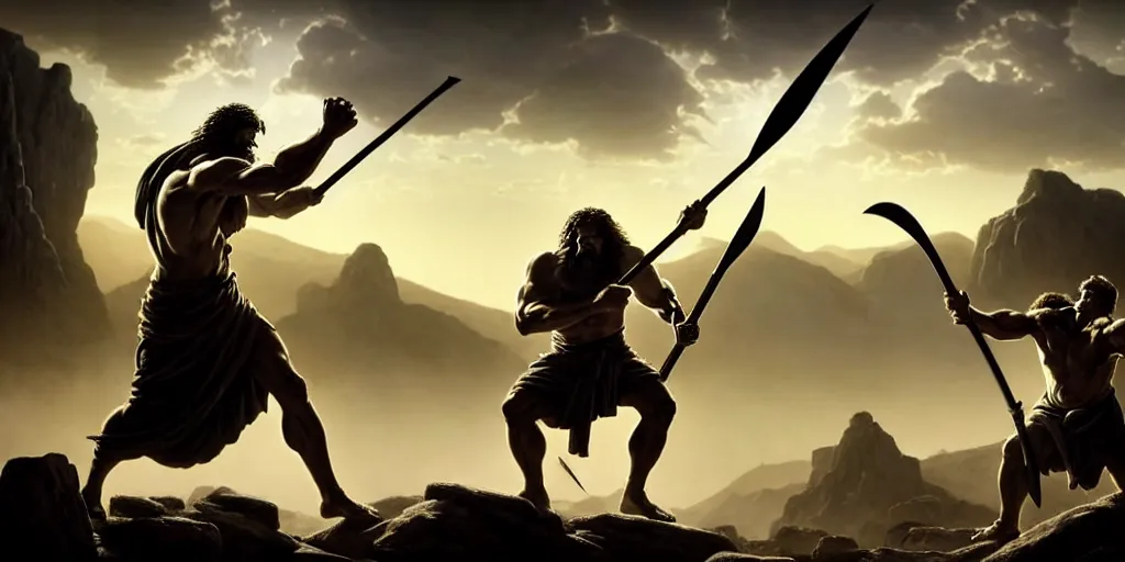 Image similar to realistic scene of biblical Cain with a spear fighting Abel with a reaper scythe, a stone altar with white smoke ascending in the background, masculine and rugged, inspired art by Frazetta + facial symmetry + bright dramatic volumetric lighting, well lit, 8k octane render, intricate, epic composition, golden hour, cinematic studio lighting + masterpiece, trending on artstation, very detailed, masterpiece, stunning