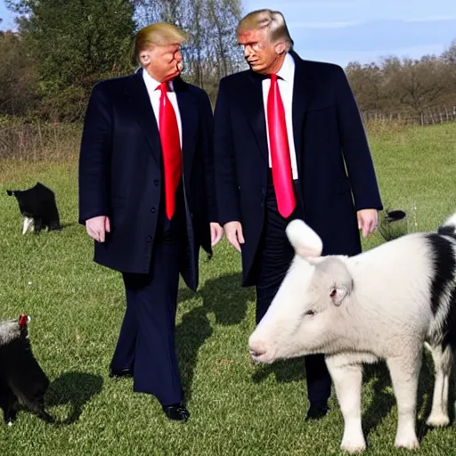 Image similar to donald trump and vladimir putin at animal farm petting animals