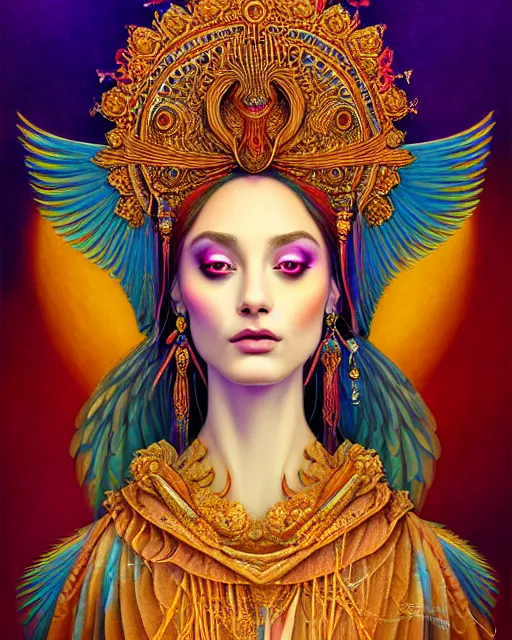 Image similar to portrait of the beautiful young goddess of birds, unusual beauty, etheric, outworldly colours, emotionally evoking symbolic metaphors, head in focus, fantasy, ornamental, intricate, elegant, highly detailed painting style photo, artstation, concept art, painterly, golden ratio, sharp focus, illustration, art by afarin sajedi,