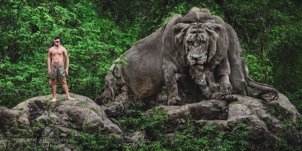 Prompt: a gentle powerful king live in his castle in the middle of the jungle, professional photography