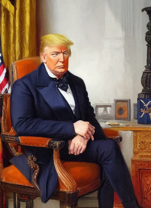 Image similar to portrait of the united states president, 1 8 6 7, donald trump. standing in the oval office. oil on canvas by william sidney mount, trending on artstation