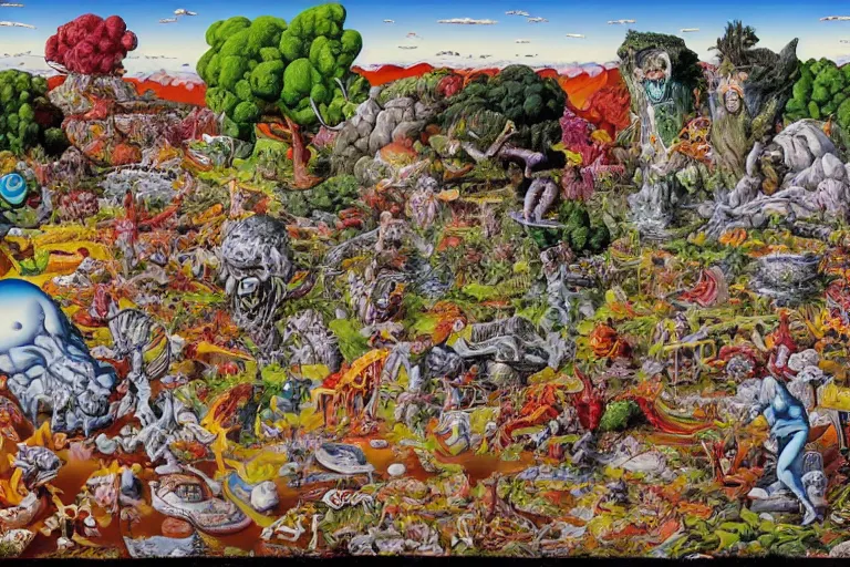 Image similar to landscape by rotella mimmo, kenny scharf, jacek yerka, peter bagge, simon bisley, artur bordalo, judy chicago, geof darrow