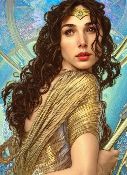 Image similar to Gal Gadot as God of Beauty, cute, fantasy, intricate, elegant, highly detailed, digital painting, 4k, HDR, concept art, smooth, sharp focus, illustration, art by alphonse mucha,artgerm, H R Giger