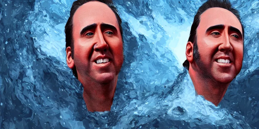 Image similar to A giant face of Nicolas Cage melting in a moutain, inspired by Everett Raymond Kinstler, artstation, 8k, photorealism