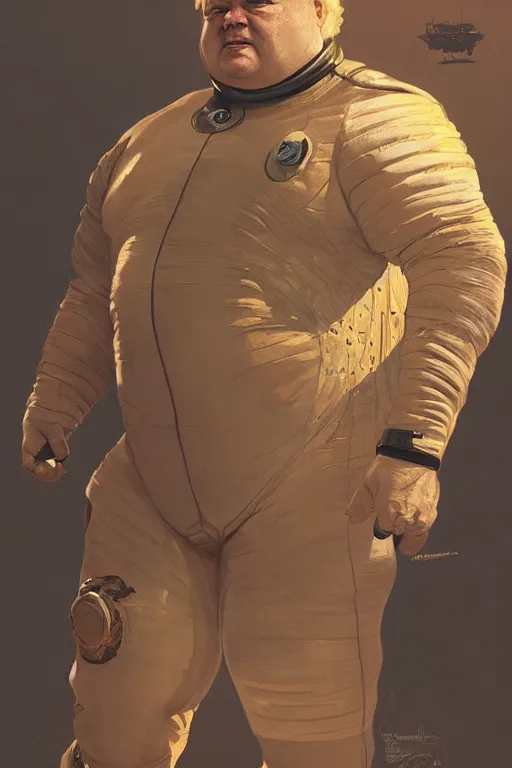 Image similar to upper body portrait of baron harkonnen wearing leather spacesuit, detailed, sand wom in the distance, illustration by normal rockwell, artstation character art, greg rutkowski