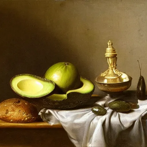 Image similar to still life by willem claesz heda, avocados, bread, linen, a fly, silver, overturned chalice, goblets,