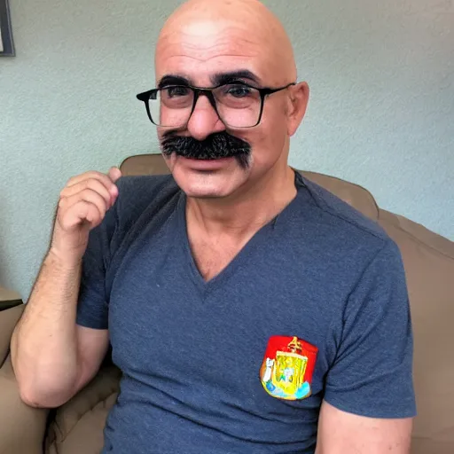 Prompt: retired spanish bald mario with glasses