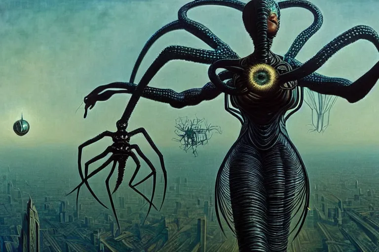 Image similar to realistic detailed portrait movie shot of a beautiful black woman riding a giant spider, dystopian city landscape background by denis villeneuve, amano, yves tanguy, alphonse mucha, max ernst, ernst haeckel, kehinde wiley, caravaggio, jean delville, david lynch, roger dean, cyber necklace, rich moody colours, sci fi patterns, dramatic, wide angle