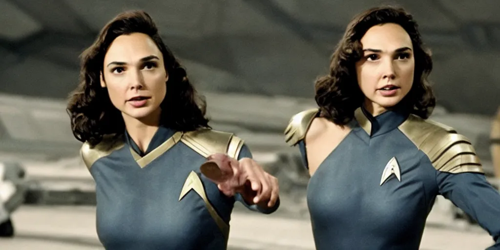 Image similar to Gal Gadot, in Starfleet uniform, in the role of Captain Kirk in a scene from Star Trek the original series, Tribble episode