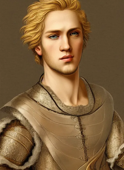 Prompt: portrait of a blond handsome man in renaissance style, anime inspired, High Res 8K,hyperdetailed