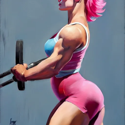 Image similar to greg manchess portrait of margot robbie as thick very muscular weightlifter zarya from overwatch with ponytail and curly pink hair, eyes closed, medium shot, asymmetrical, profile picture, organic painting, sunny day, matte painting, bold shapes, hard edges, street art, trending on artstation, by huang guangjian and gil elvgren and sachin teng