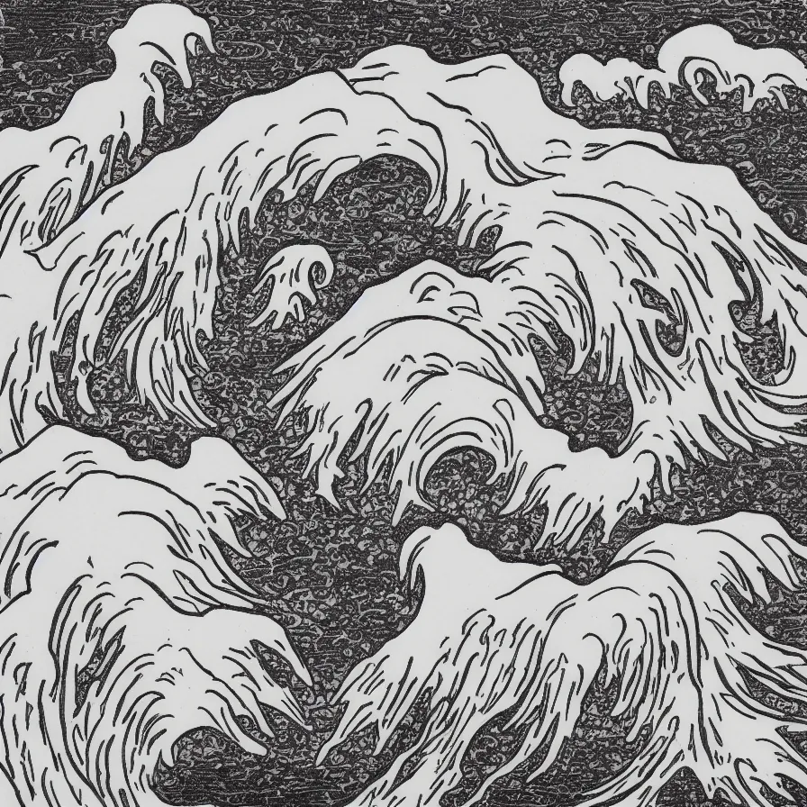 Image similar to japanese black and white lineart of an erupting volcano, hokusai style