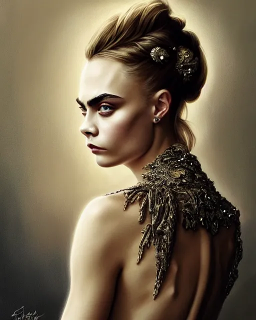 Image similar to portrait of cara delevingne wearing beautiful haute couture by Alexander McQueen, intricate, elegant, highly detailed, digital painting, artstation, concept art, smooth, sharp focus, illustration, art by artgerm and greg rutkowski and alphonse mucha