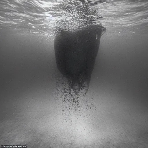 Image similar to submerged only to find two black eyes staring back in the depths of the water, feet dangling over an unmeasurable depth, dark, cinematic