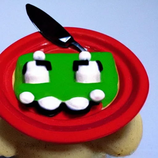 Image similar to Super Mario eating Luigi with a knife and fork on a toad mushroom