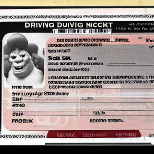 Prompt: A scan of shrek's driving license, with photo visible