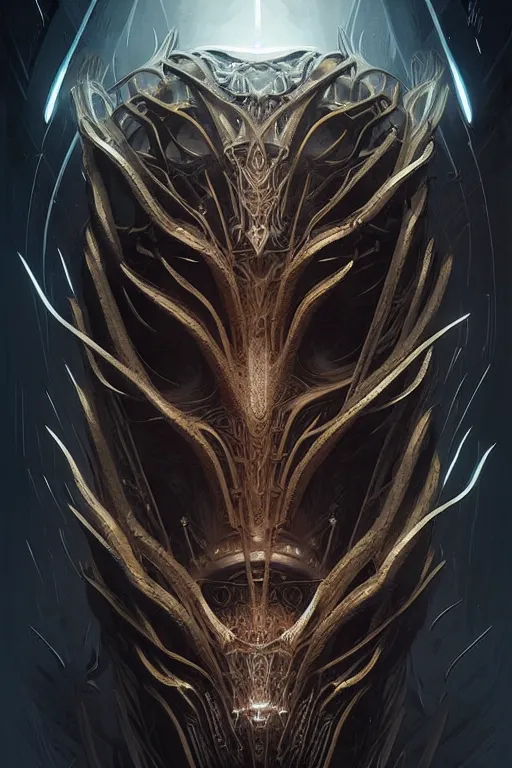 Image similar to professional concept art symmetrical portrait of a terrifying! mechanical predatory fractal! species in a dark room by artgerm and greg rutkowski. an intricate, elegant, highly detailed digital painting, concept art, smooth, sharp focus, illustration, in the style of cam sykes.