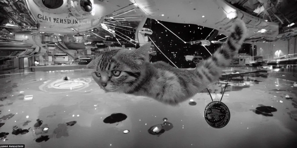 Image similar to an amazing award winning photo of a cat floating in the International Space Centre, hyperdetailed