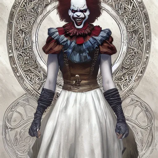 Image similar to an epic fantasy comic book style full body portrait painting of pennywise. d & d. fantasy. intricate. elegant. highly detailed. digital painting. artstation. concept art. matte. sharp focus. illustration. art by artgerm and greg rutkowski and alphonse mucha