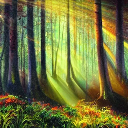 Image similar to a magical painting of a mystical forest clearing with sunrays