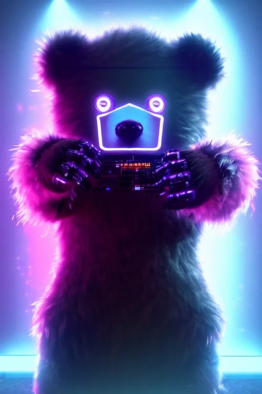 Prompt: high quality 3 d render very cute fluffy cyberpunk! bear!! plays electric guitar, cyberpunk highly detailed, unreal engine cinematic smooth, in the style of blade runner & detective pikachu, hannah yata charlie immer, moody light, low angle, uhd 8 k, sharp focus