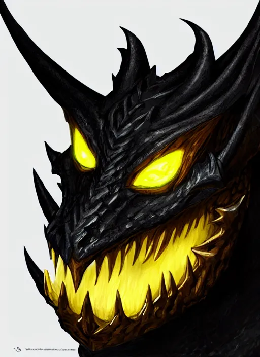 Image similar to closeup portrait of black dragon head with yellow eyes, ultra realistic, fantasy, magic, dnd,