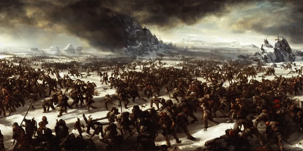 Image similar to the battle of hoth painted by jan matejko. oil on canvas, sharp focus, cinematic atmosphere, detailed and intricate, perfect anatomy, detailed and intricate environment and characters