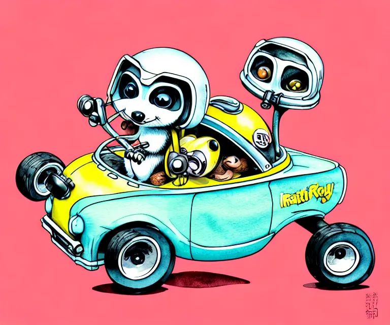 Image similar to cute and funny, baby racoon wearing a helmet riding in a tiny hot rod with oversized engine, ratfink style by ed roth, centered award winning watercolor pen illustration, isometric illustration by chihiro iwasaki, edited by range murata, tiny details by artgerm and watercolor girl, symmetrically isometrically centered