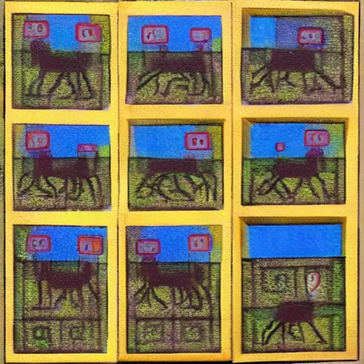 Prompt: an image with matrix of 2 x 2 blocks, each block is an animation frame of a walking dog, the frames are in sequence, oil on canvas